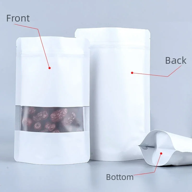 50pcs/100pcs Matt White Stand Up Food Packaging Pouch with Window Custom Printed Zip Lock Foil Lined Pet Food Tea Doypack Bag