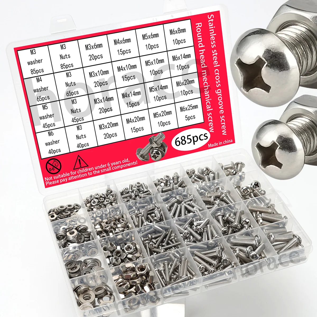 685 Pieces High Quality Stainless Steel Phillips Machine Screws - M3-M8, Round/Tesla Head, Great for Outdoor/Industrial Use