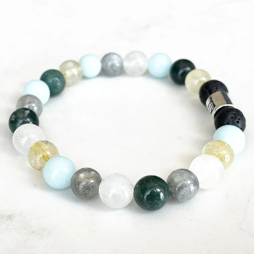 MG1643 Fashion Womens Virgo Zodiac Bracelet 8 MM Snow Quartz Moss Agate Labradorite Wrist Mala Natural Gemstone Jewelry