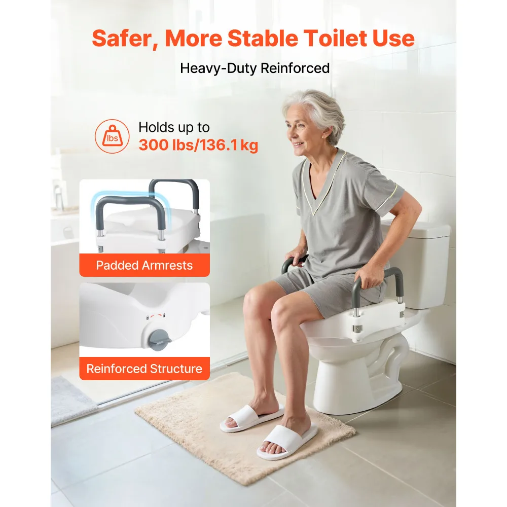 Raised Toilet Seat with Arms, 300 lbs Load Capacity, 5-Inch Lift Height, Widened Commode Elevated Toilet Seat Riser with Padded Handles for Seniors, Elderly, Handicap, Disabled, and Adults Use