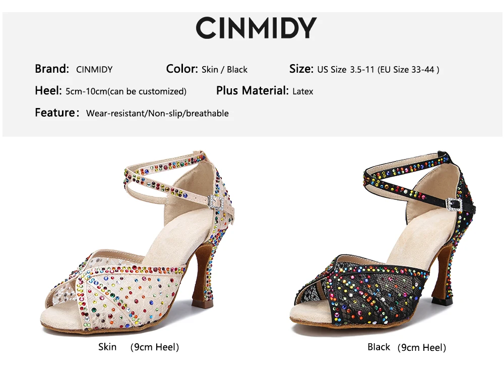 CINMIDY Farbige Strass-Latein-Tanzschuhe Tango Mesh Ballroom High Heel Tanzschuhe für Mädchen und Frauen Indoor Party Show Schuhe – Detail 4