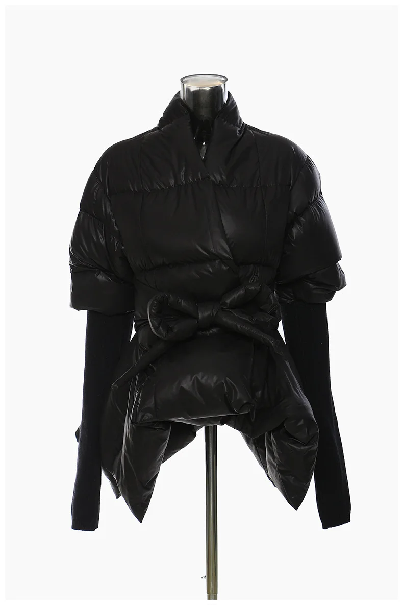 Spliced Padded Coat Women's Knitted Cuff Cinched Waist Zip Up Fall Winter Daily Streetwear Trendy Fashion Hot New Luxe Coats