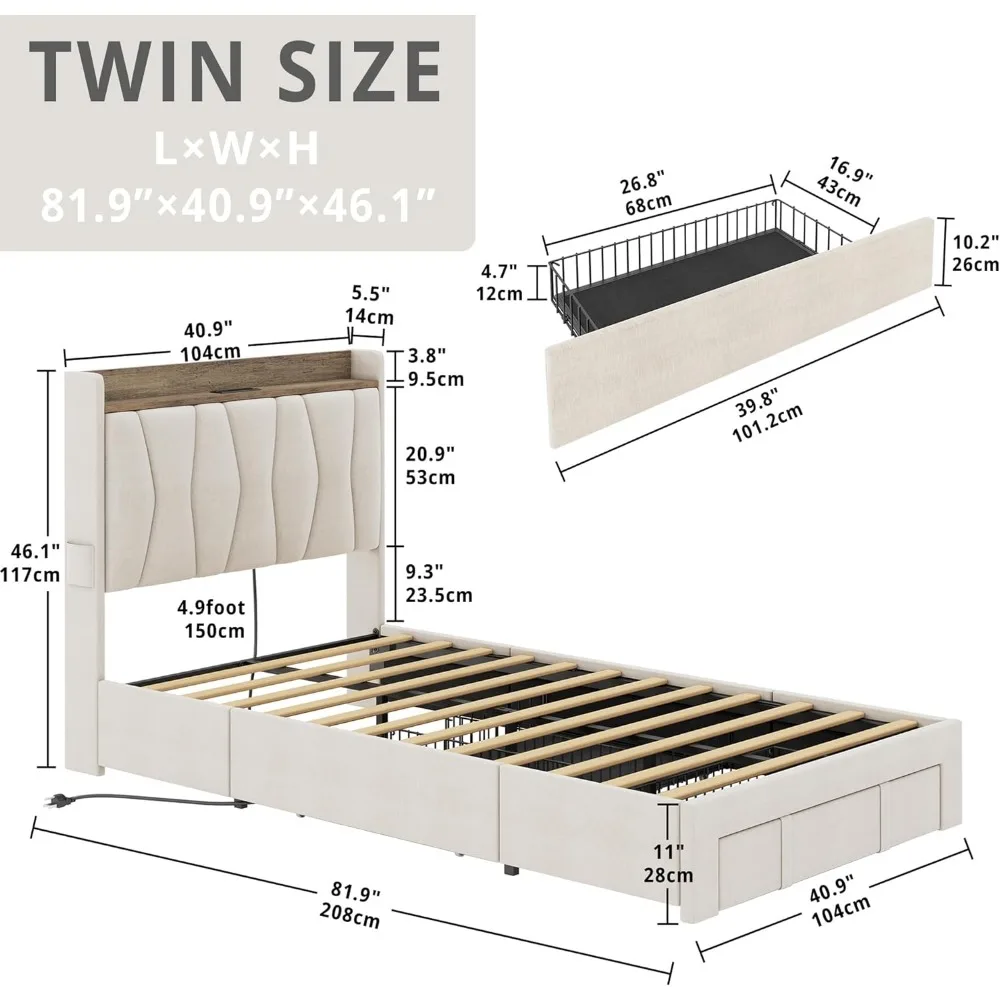 ANCTOR Twin Bed Frame with 3 Drawers, Upholstered Platform Bed with Storage Headboard and Charging Station, No Box Spring Needed