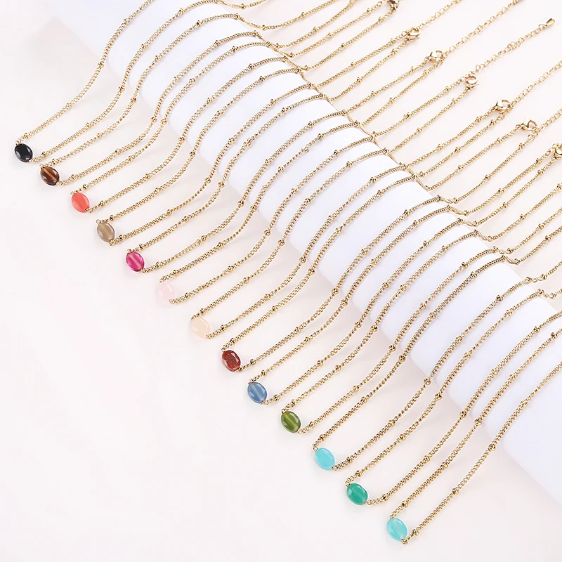 HuPo.HuTu. Fashion Jewelry Women's Gift Hand Inlaid Color Oval Cutting Stone 18k Gold-plated Waterproof Stainless Steel Necklace