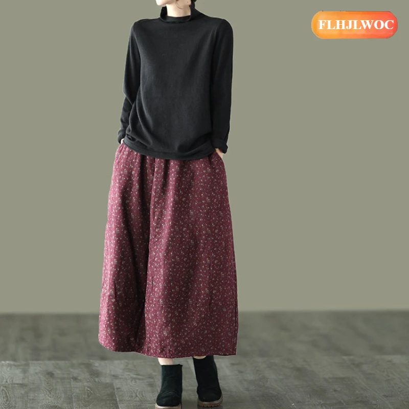 القطن الكتان التنانير شتاء دافئ المبيعات الساخنة 2026 السنة الجديدة امرأة اليابان الفتيات الرجعية خمر الأزهار طباعة جيوب تنورة طويلة سميكة #6