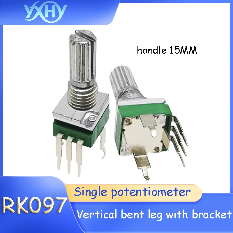 10pcs RK097 Single-Gang Potentiometer, Vertical Bent Leg with Bracket, 15MM Shaft, No Detent, 3 Pins, B5K/10K/20K/50K/100K