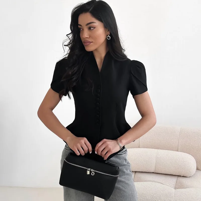 

Elegant Waist Slim Blazer Shirts Women Solid Short Sleeve Stand Collar Single Breasted Shirt 2026 Summer Chic Commute Lady Tops