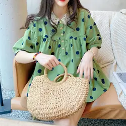 Polka Dot Button Lace Patchwork Loose Blouse Summer New Short Sleeve Pleated Sweet Shirt Tops Elegant Fashion Women Clothing