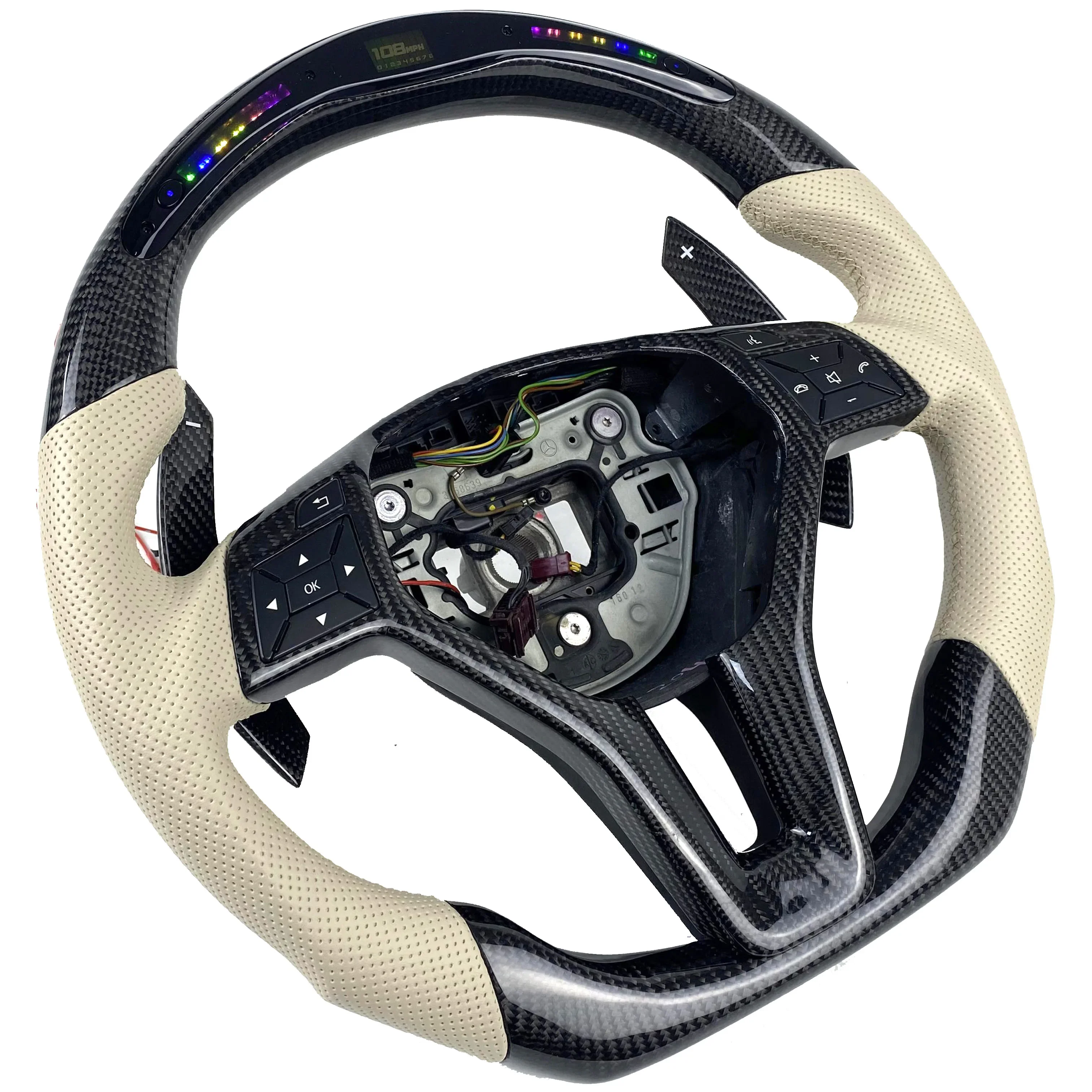 for Mercedes Benz A45 AMG CLS S-Model W176 C63 W204 CLA Customized carbon fiber steering wheel beige leather LED