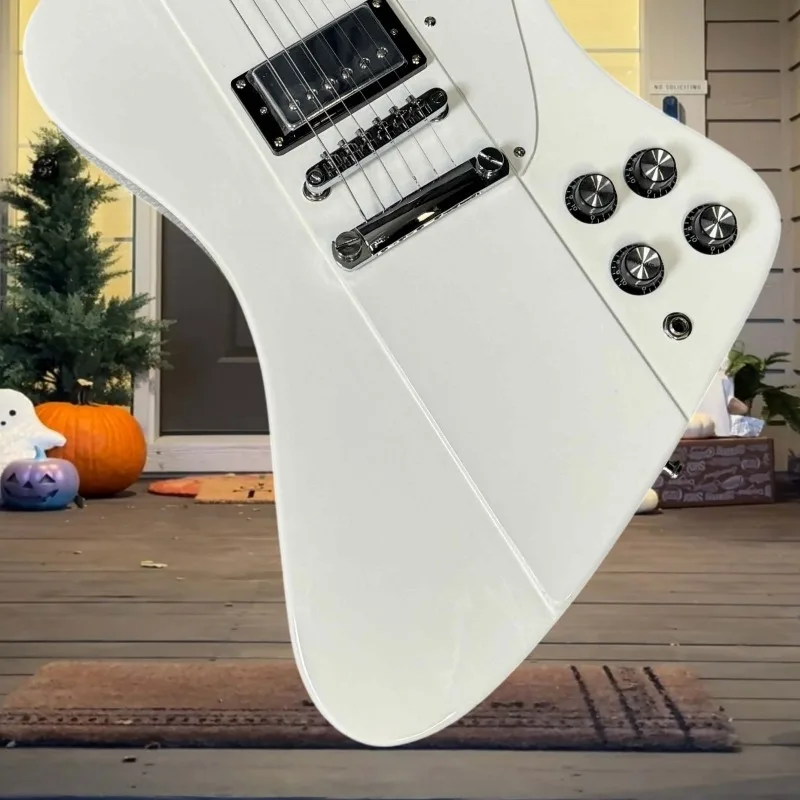 White Asymmetric FPLO Electric Guitar Active High Output HH Hardtail Bridge Tight Tone Sustain Red Double Eagle Sticker Rock