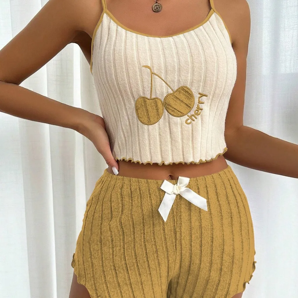 Women'S Pajama Set Brushed Sleeveless Cami Tank Ribbed Brushed Pajama Set Two-Piece Ladies Loungewear Set For Loungewear Daily