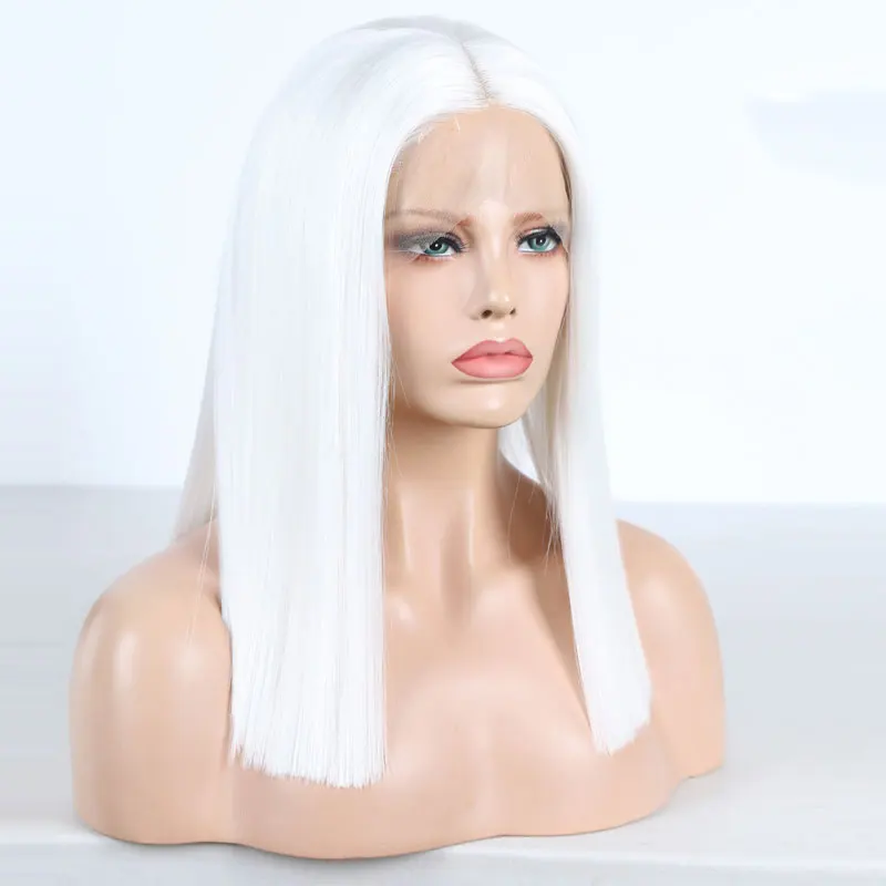 Pure White Short Straight Hair Wig Synthetic 13x4 Lace Front Wigs High Quality Heat Resistant Fiber Hair Middle Part For Women