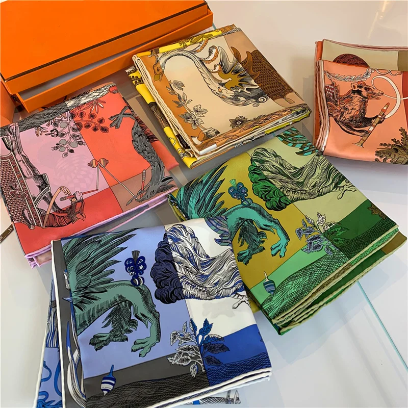 

Luxury Brand Handmade Women Silk Twill Large Square Horse Rider Animal Print Scarf Shawl Belt Daily Outfit