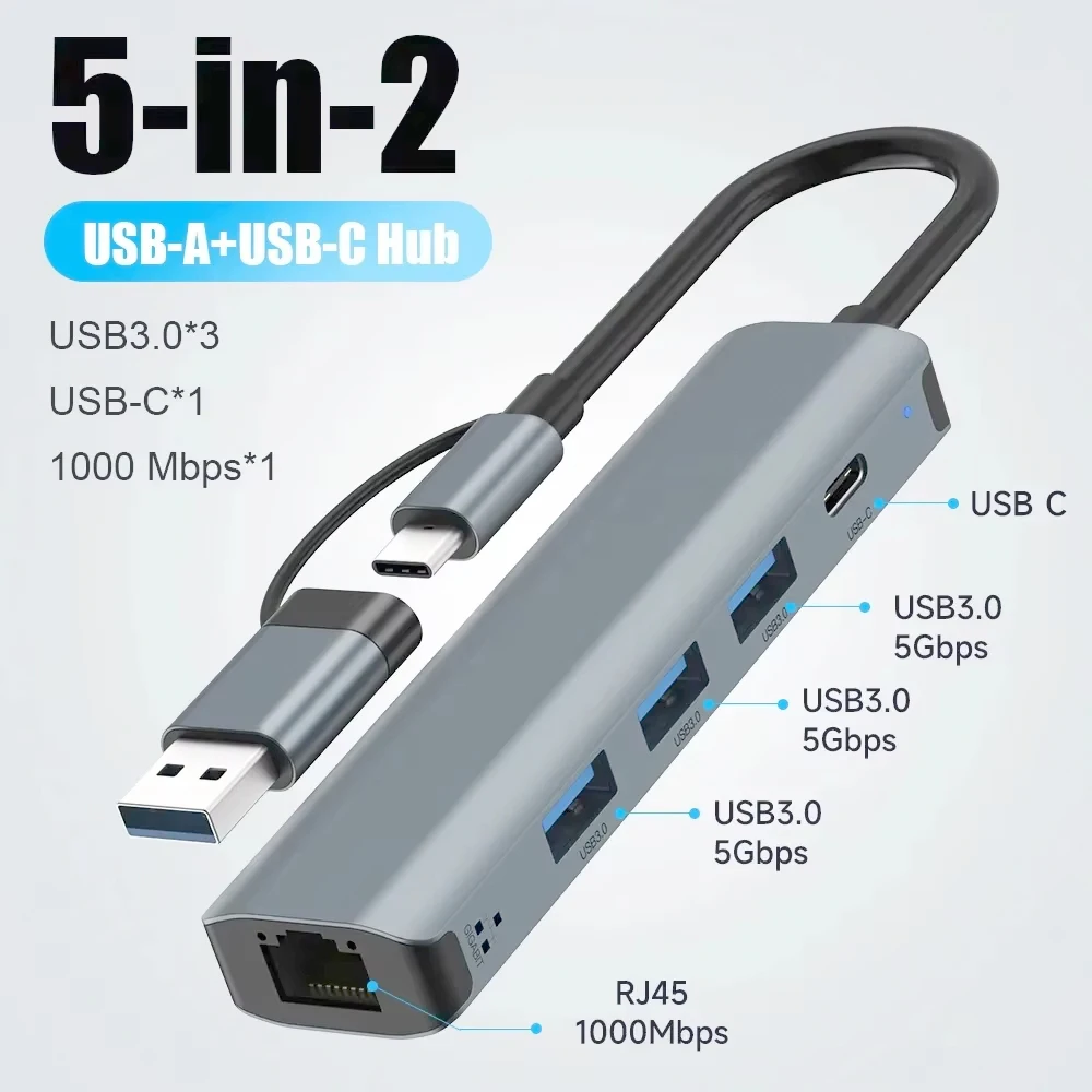 

5-in-1 USB-A3.0 Docking Station USB-C Data Transmission Cable Adapter Ethernet Rj45 Gigabit Network Card Type-C Hub for Laptops