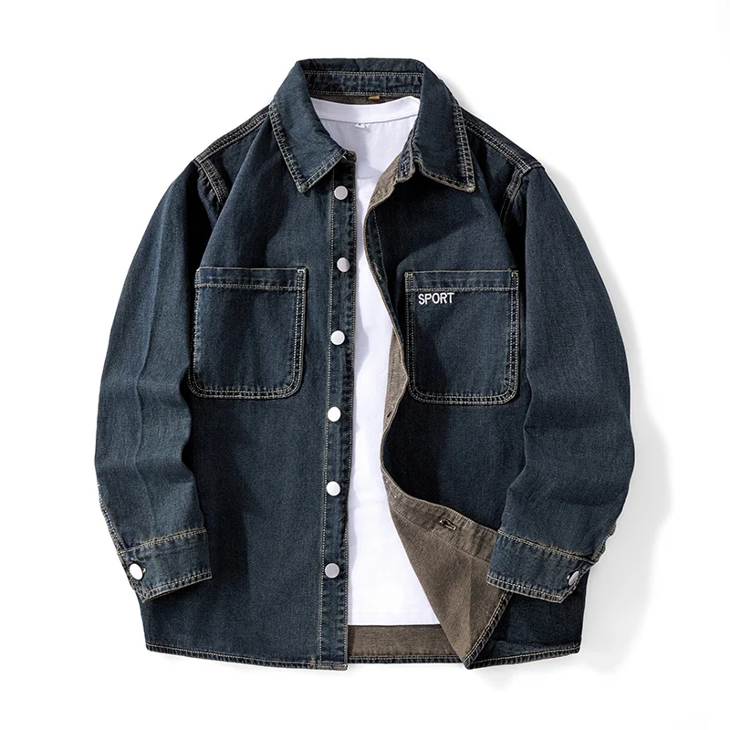 Heavy Duty Washed Denim Jacket for Men Vintage Blue Lapel Long Sleeved Shirt Style Jacket Casual and Loose Outer Wear