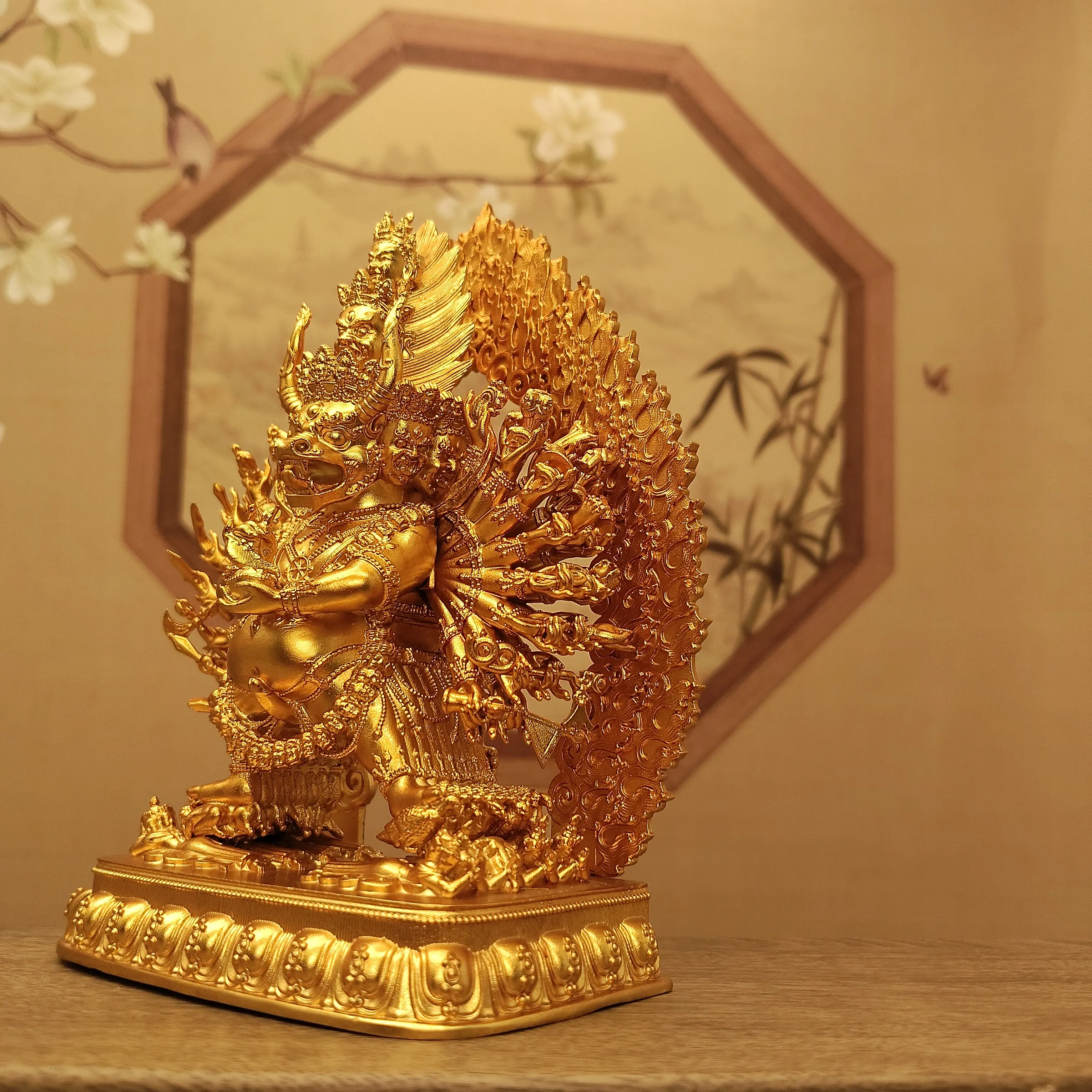 Tibetan Golden Copper Single Yamantaka Wrathful Protector Statue 12cm Home Altar Table Blessing