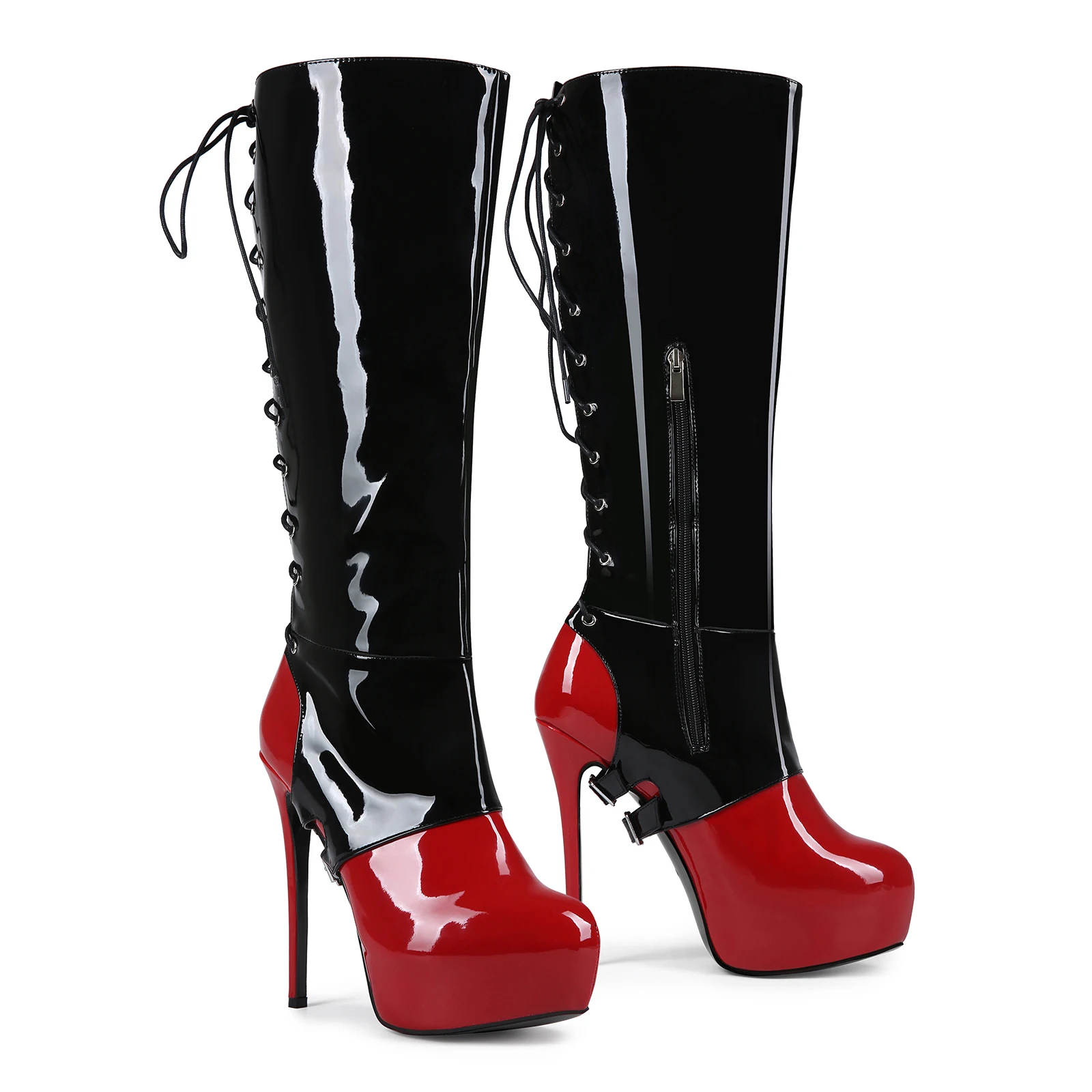 Frankie Hsu Goth Sexy Stiletto Platform Handmade Knee High Heeled Boot, Black Red Patent Gothic Punk Hot Girl Big Large Size Wide Calf Long Lace Up Boots For Women Men - view 3