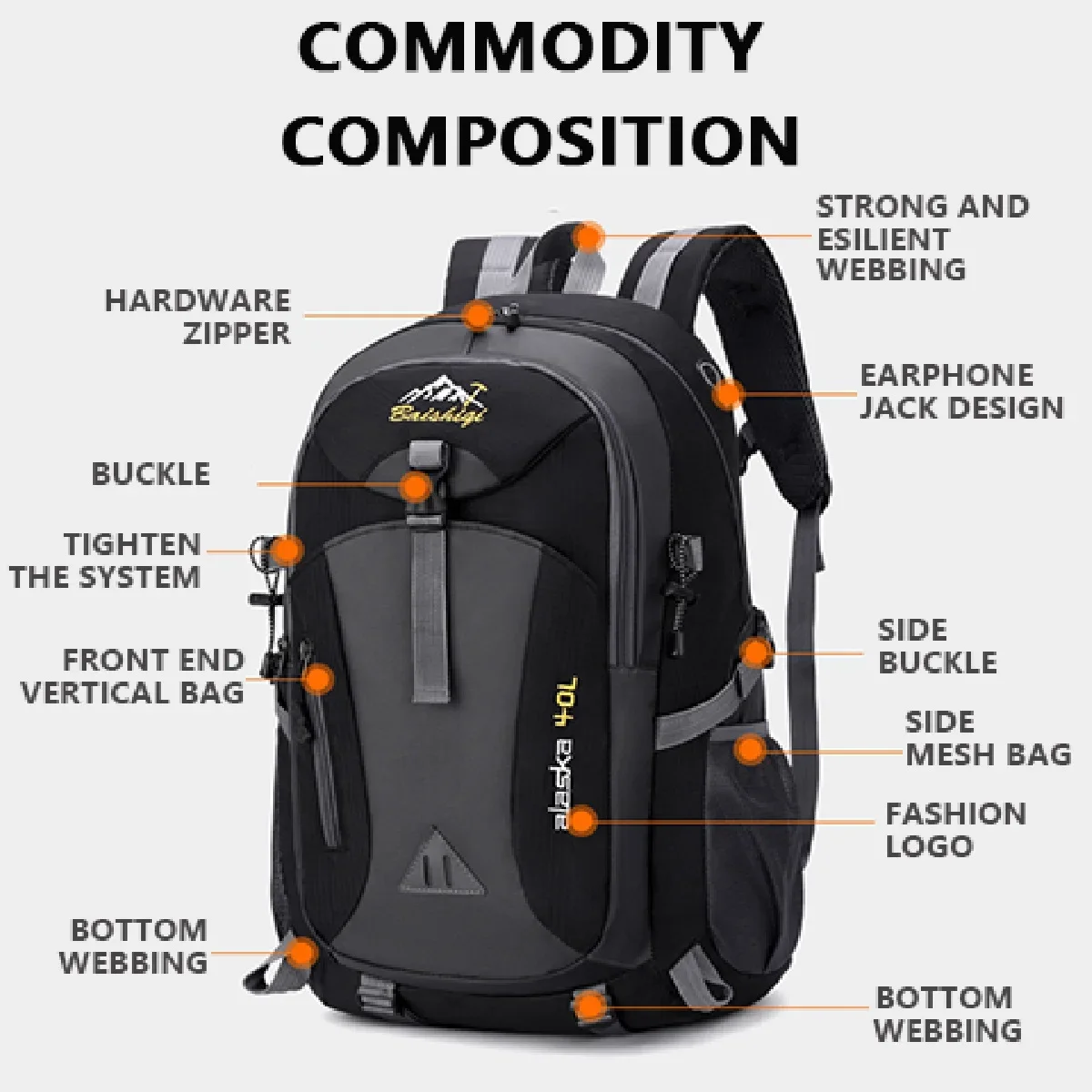 40L Large Capacity Outdoor Hiking Backpack for Boys and Girls, Waterproof Reflective Leisure Backpack