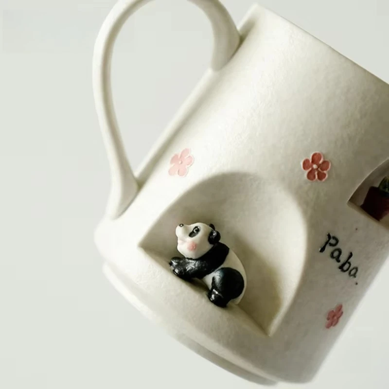 Taza  café  Panda 3D blanco Mineral de roca de 450ml, taza con agarre para pareja,   té  la tarde,   agua