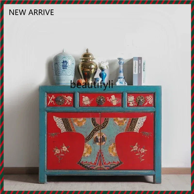 D2520 Novo armário lateral de jantar pintado à mão de madeira maciça estilo chinês, armário de armazenamento, armário de chá de entrada retrô e antigo