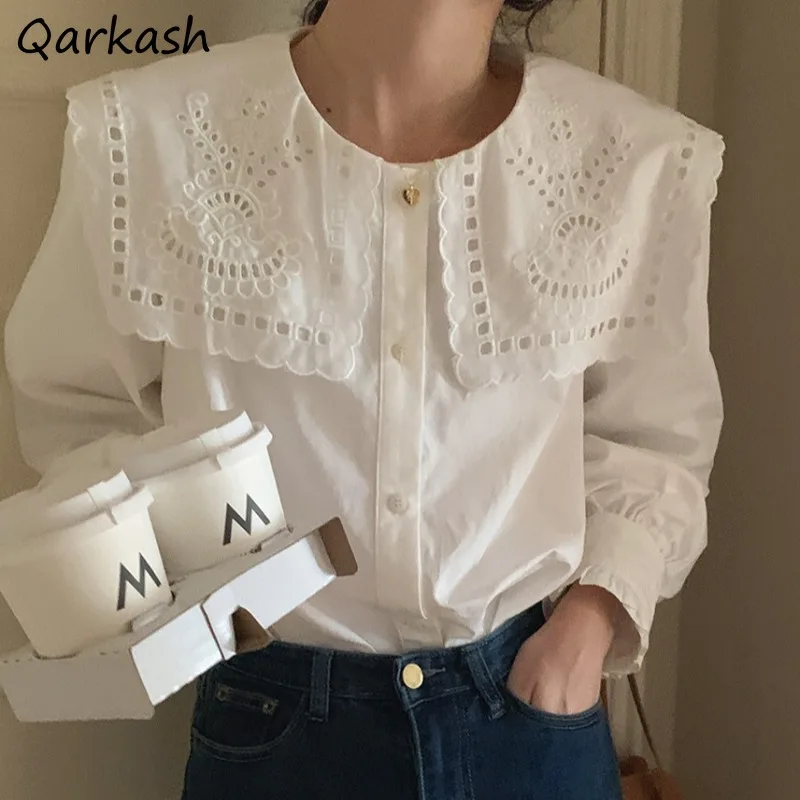 

French Style Women Shirts Loose Lace Vintage Solid Sweet Peter Pan Collar Gentle Aesthetic Tops Autumn Elegant Camisas All-match