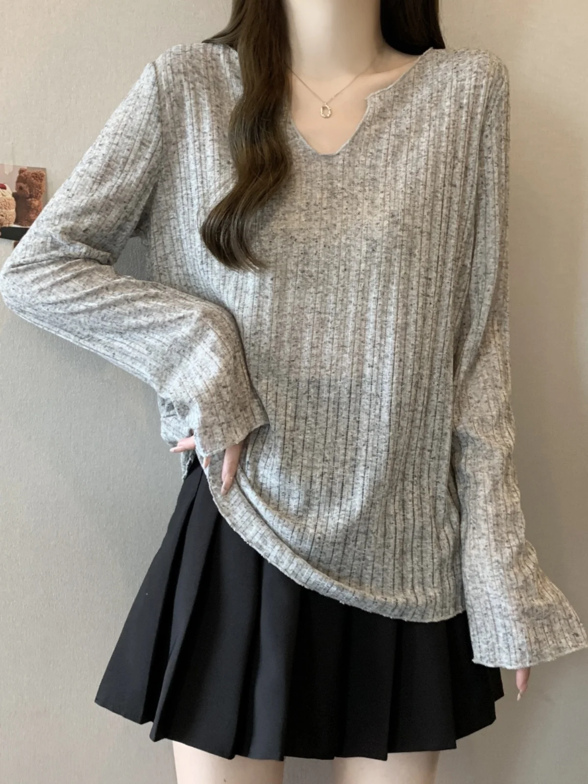 Slimming Effect Long Sleeve U-Neck Knitted T-Shirt Women's Spring Autumn plus Size Conceal Belly Texture Base Layer Top