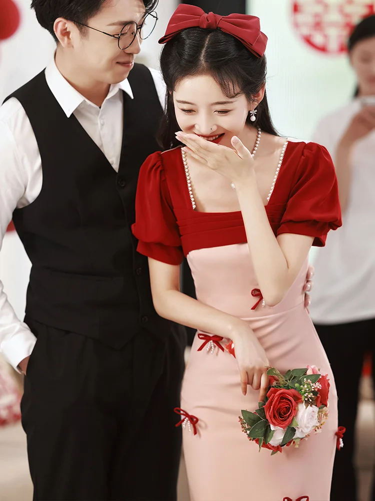 

Pink Evening Gown Wedding Dr Square Collar Engagement Celebration Wearable Daily Dr for Young Brides 8-25 Years Old