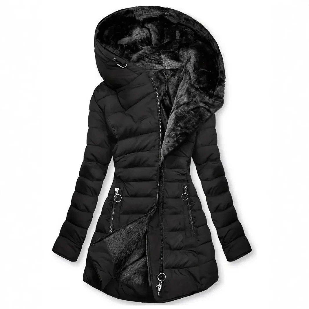 

Long Sleeve Coat Solid Women's Winter Jacket with Plush Lining Hooded Outerwear Warm Windproof Down Coat for Cold Weather