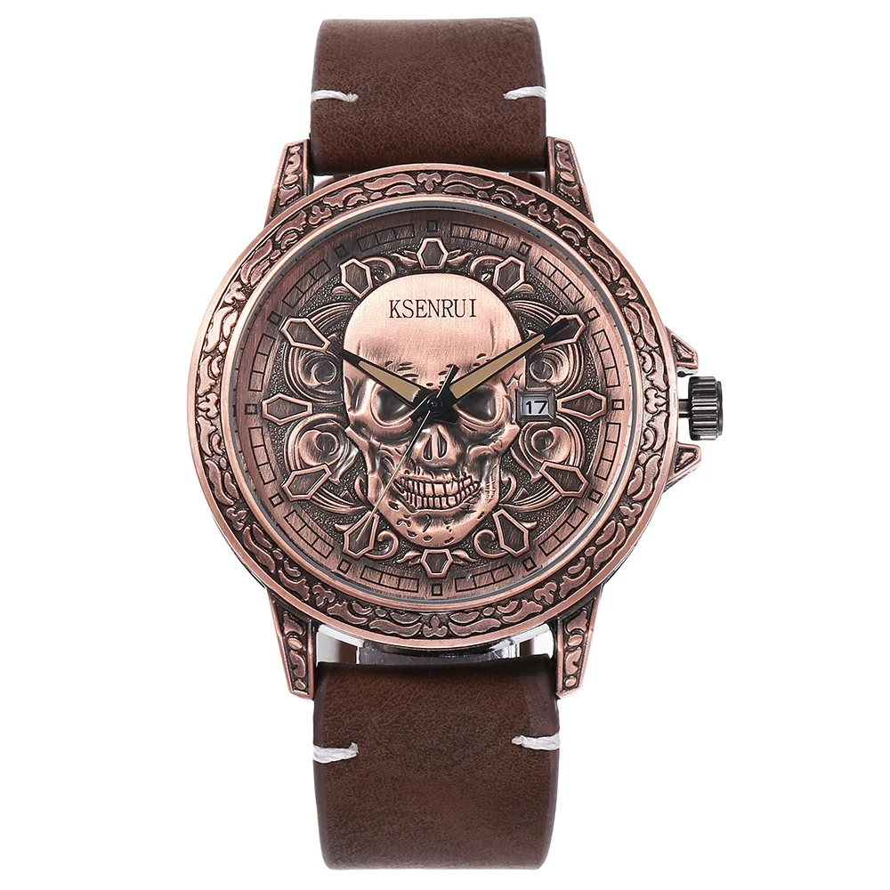 Retro Men\'s Quartz Watch Fashion Punk Style Skull Dial Design Leather Strap Auto Date Cool Skeleton Dial Gifts for Man 2022 kl02