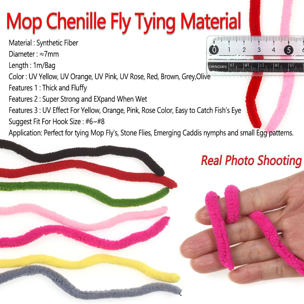 Bimoo 1m / Pack UV Mop Chenille Fly Tying Material For Tying Mop Fly StoneFly Emerging caddis Nymphs Egg Fly Trout Fishing Lures