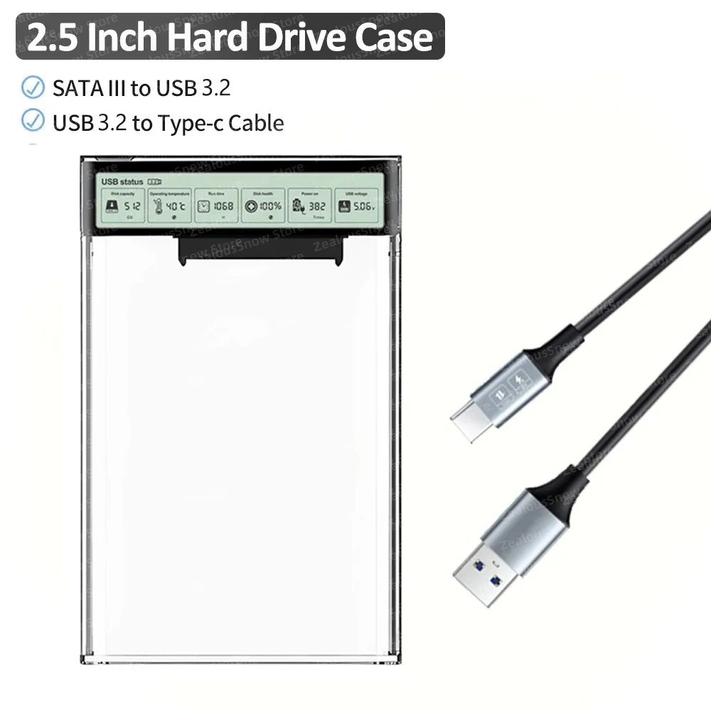 USB3.2 HDD-Gehäuse, 2,5 Zoll HDD SSD, externes Festplattengehäuse mit Display, transparenter tragbarer Aufbewahrungskoffer für Laptop-PC