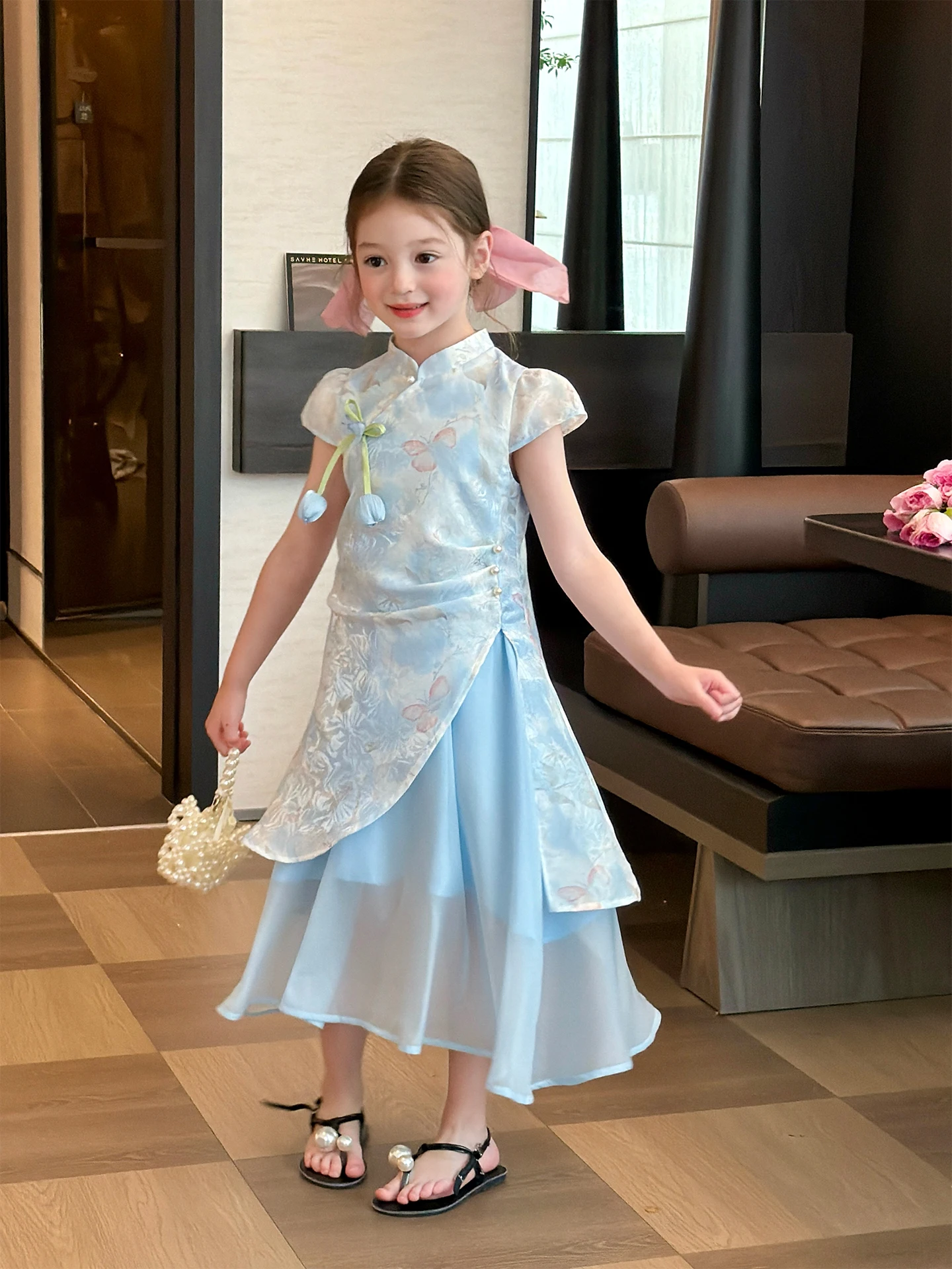 new-chinese-style-children's-dress-short-sleeve-stand-collar-slim-fit-skirt-for-girls-summer-fashionable-clothing