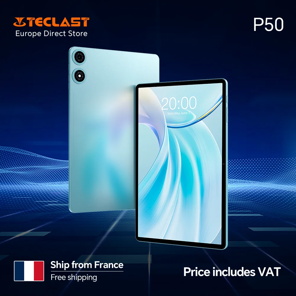 Tablette Teclast P50 Android 15, 20 Go (8+12 Go) de RAM, 128 Go (extensible jusqu'à 4 To) de ROM, processeur T606 8 cœurs, écran 11 pouces 90 Hz, batterie 7000 mAh, Type-C, Widevine L1, 4G LTE, GPS