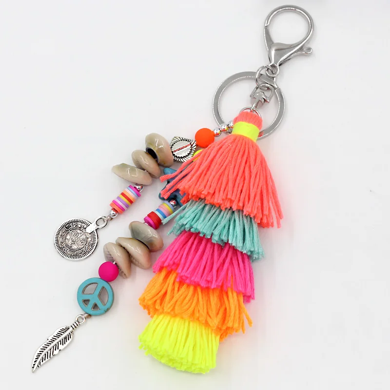 Handmade Jewelry Boho Keychain Shell Stone Tassel Beads Strand Pendant Charm Key Chains for Women Bag Car Ring Key Accessories