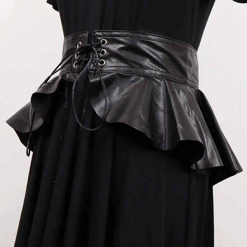 [EAM] Pu Leather Black Ruffles Elegant Bandage Belt Personality Women New Fashion Tide All-match Spring Autumn 2024 1DH7008