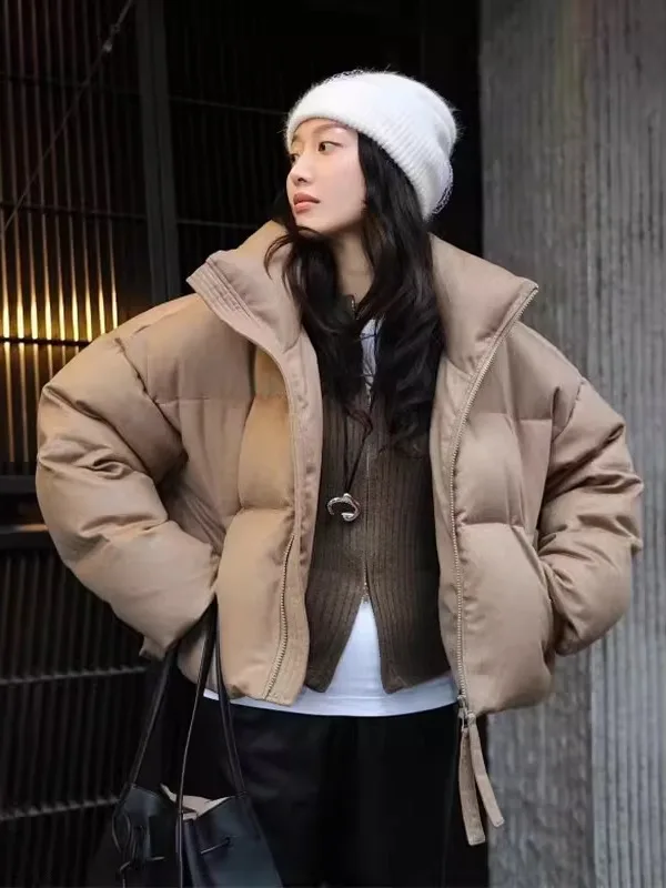 

Fashionable Warm Woolen Fabric Stand Collar Short Bread Style down Jacket Street Style Women's Thickened Long Sleeve Coat