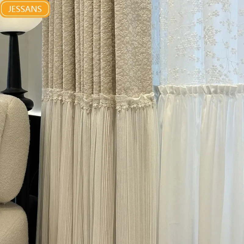 New Milk Tea Color Lotus Root Pink Jacquard Thick Chenille Skirt Splicing Curtains for Living Room Bedroom Balcony Customization