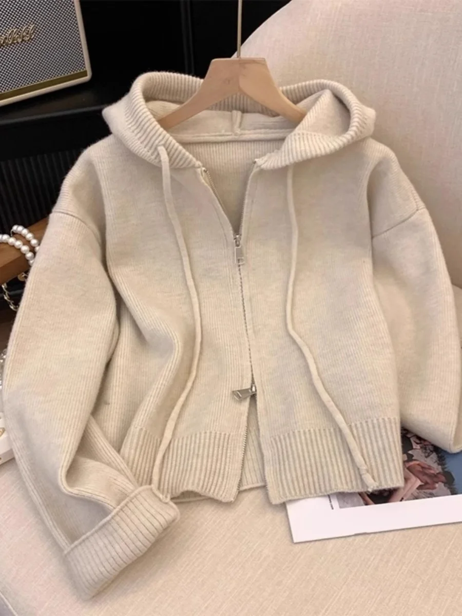 Aprikose Doppel reiß verschlüsse Pullover Frauen Frühling Herbst lose Kapuze Vollarm Cardigans Mantel lässig weibliche Strickwaren