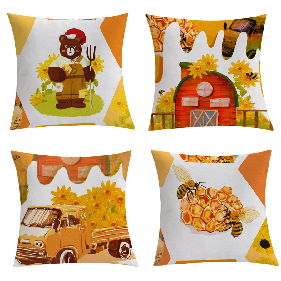 Pack of 4 Bee Print Pillow Cover 18x18 Outdoor Couch Decorative Cushion Cover for Sofa Summer Room Decor Funda Cojin Waterproof