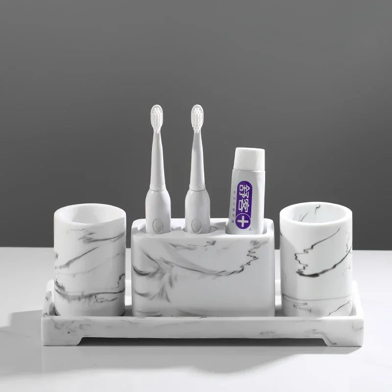 Resin Bathroom 5-piece Set Rectangular Tray Marble Toiletries Wash Lotion Bottle Cotton Swab Box Mouth Cup Soap Dish