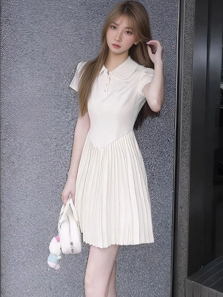 

Женское мини-платье трапециевидной формы с коротким рукавом и воротником-поло, летняя мода, плиссированное повседневное платье в стиле пэчворк, 2025 г., корейские облегающие вечерние платья