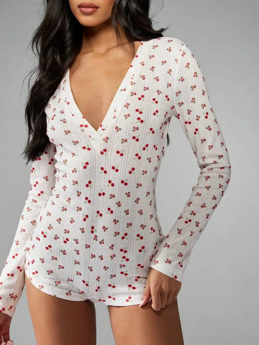 

Cherry Print Long Sleeve Deep V Neck Romper Pajama Set for Women