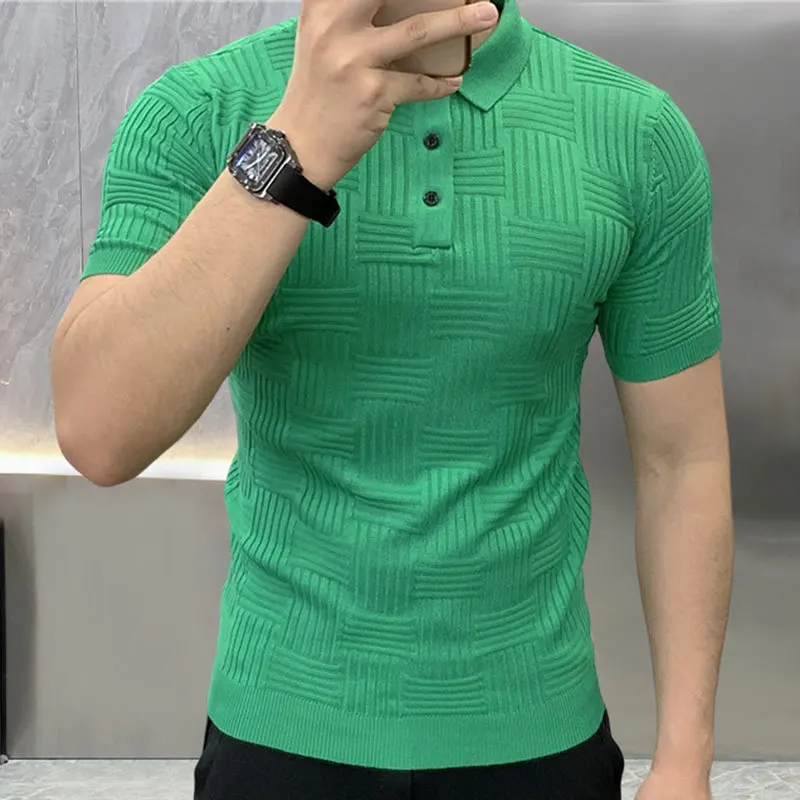 Summer New Plaid Ice Silk Knitted Polo Shirt Men's Short Sleeve Fashion Brand Top Trend Lapel Men's Slim T-shirt