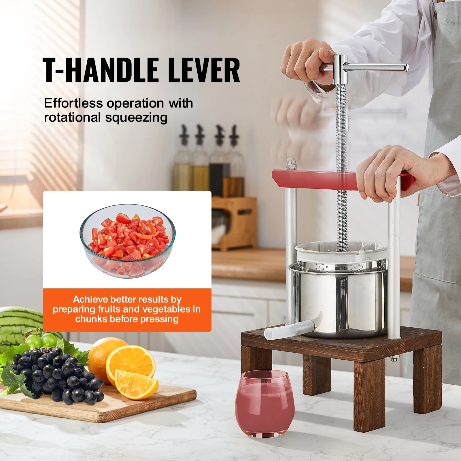 Vevor Fruit Wijn Pers 2l, 2 Roestvrijstalen Vaten, Handmatige Sapmaker Met T-Handgreep & Stabiele Basis Perfect Voor Keuken, Thuis