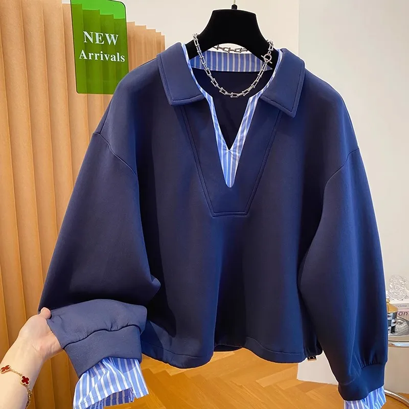 Sudadera con capucha holgada para mujer, sudaderas con capucha de gran tamaño a la moda, sudadera informal versátil de estilo perezoso, sudadera de manga larga para Otoño e Invierno, dos piezas falsas