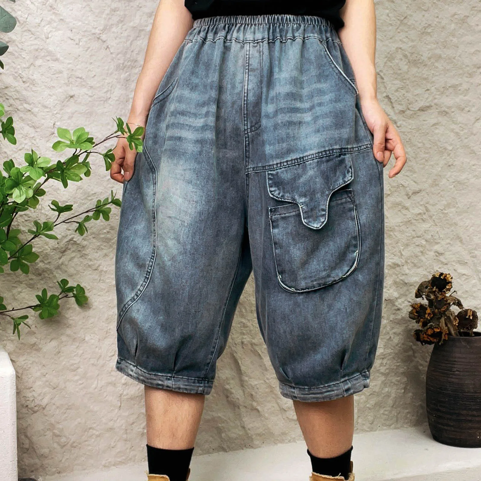 Women Spring And Summer Casual Elastic Waist Fabric Stitching Shorts Cropped Jeans Solid Casual Baggy Leisure Sweatpants