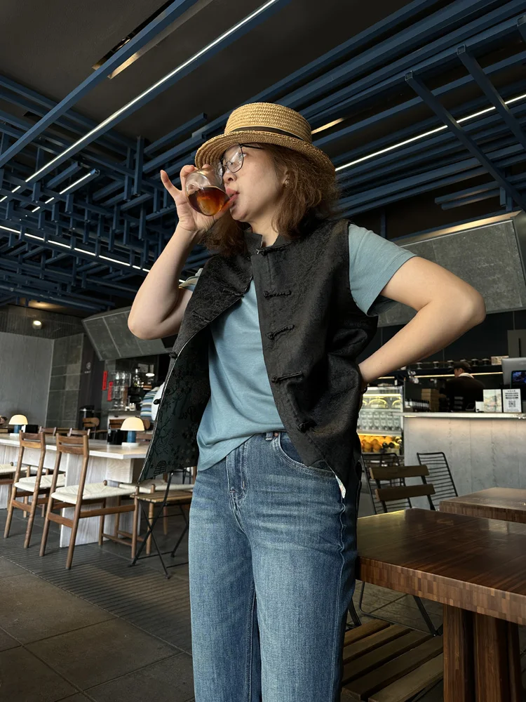 

Ele Vintage Silk Cloud Cloth Cra Pattern Vest Jaet Thi Real Silk Booki Elegance Retro Button up Chinese Sle Top