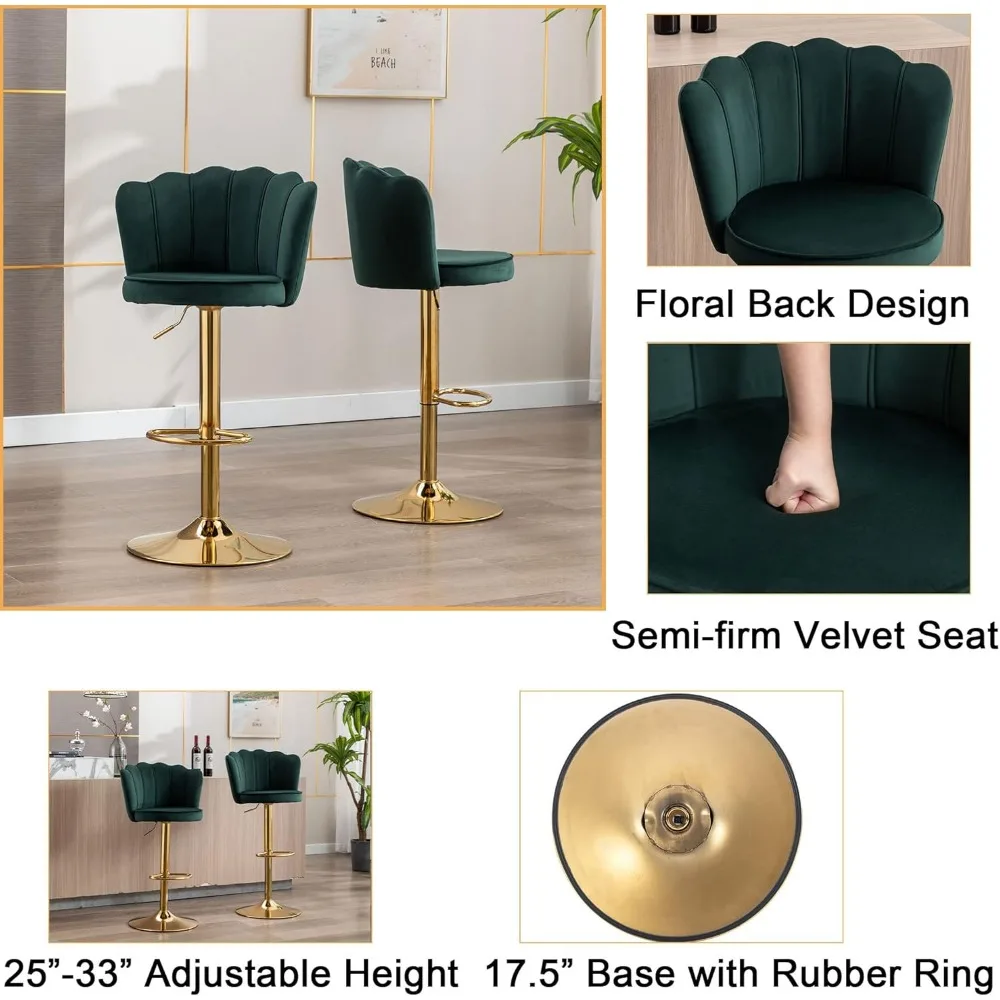 Conjunto de bancos de bar giratórios com altura de bar, 4 bancos estofados ajustáveis, cadeiras de bar de veludo com encosto/base dourada para cozinha