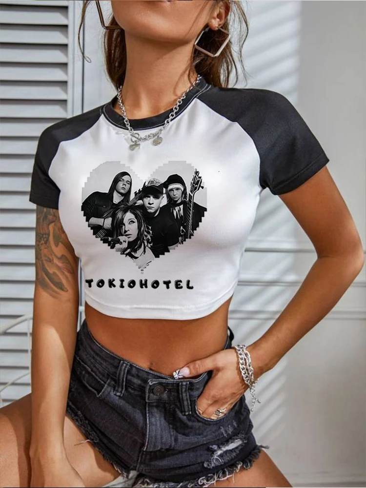 

Tokio Hotel Yk2 Crop Top Woman Fairycore Goth Vintage Tee Aesthetic Baby Tee Street Wear Short Sleeve Tee 2000s Streetwear