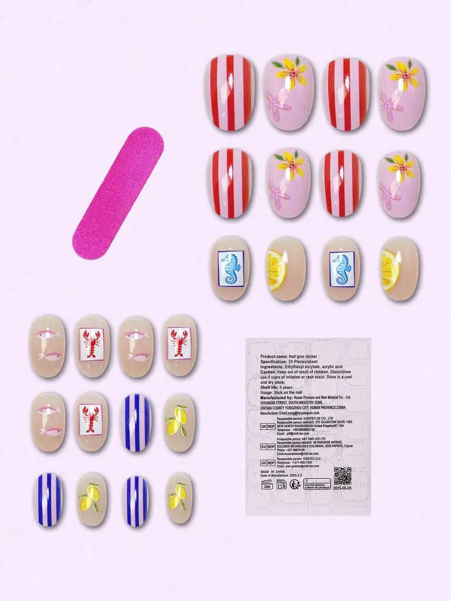 

24pcs reusable oval almond nail stickers in macaron colors featuring shell fish lobster fruit lemon floral stripes summer beach